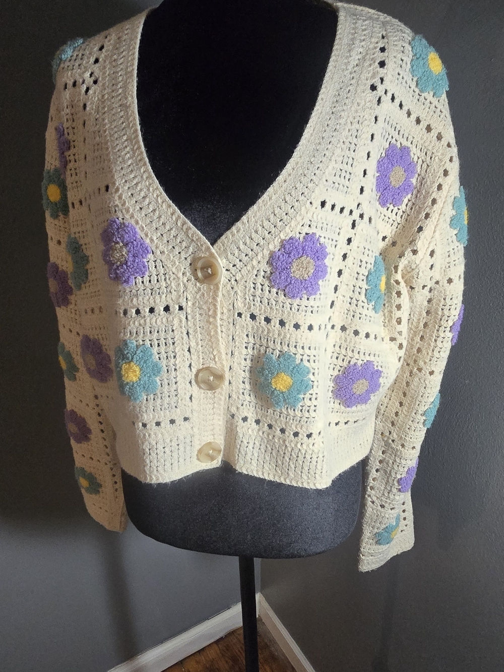 Cream Crochet Floral Cardigan Sweater with Purple and Teal Flowers